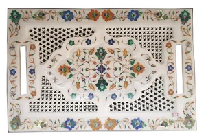 Serving tray marble stone 18" x 12" pietra dura gemstone inlay work Platter Gift - Picture 1 of 3