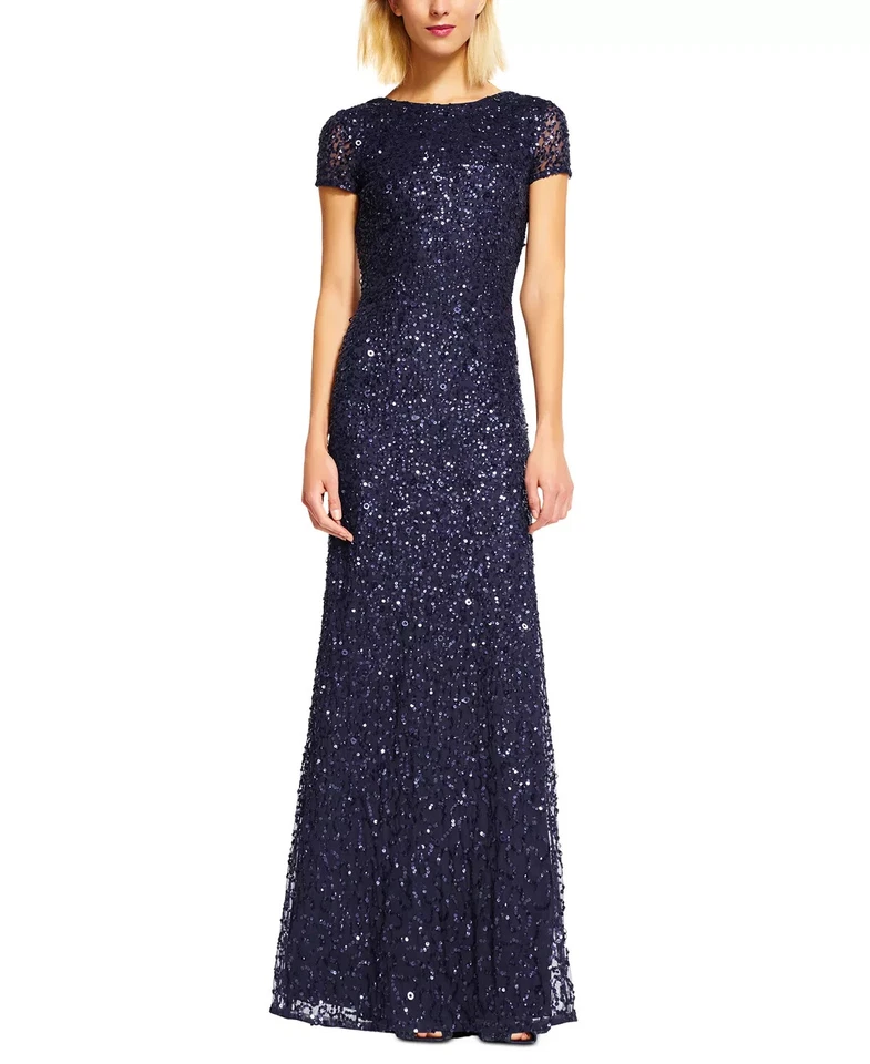 ADRIANNA PAPELL Navy Blue Sequin Embellished Beaded Maxi Gown Dress w/ Train 0P - Image 1 of 4