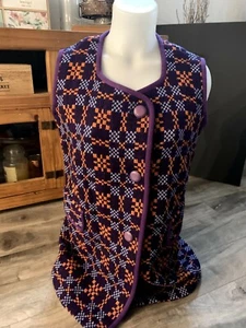 Purple Checkered Orange Wool Vest Made In England Size S/M - Picture 1 of 5