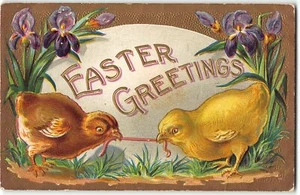 Ostergruß Postkarte - Küken Tauziehen mit Wurm, Iris - verschickt 1909 - Bild 1 von 2