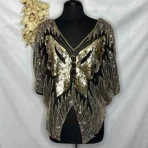 Vintage Women's Gold Black Sequin Butterfly V-Neck Half Sleeve Top Blouse GUC - Picture 1 of 4