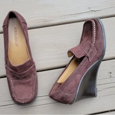 Vintage 90s y2k Brown Faux Vegan Suede Wedge Heel Square Toe Punk Penny Loafers - Image 1 of 4