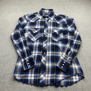 Camisa Wrangler Hombres Mediana Franela Perla A Presión Manga Larga Azul Cuadros Solapa Bolsillos - Imagen 1 de 10