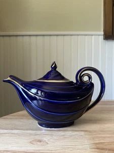 Vtg Hall Aladdin Cobalt Blue/Gold Ceramic Teapot MCM Art Deco 1950s 6 Cup 0663 - Picture 1 of 14