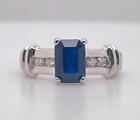 14K White Gold Dark Blue Emerald Cut Sapphire & Natural Diamond Engagement Ring