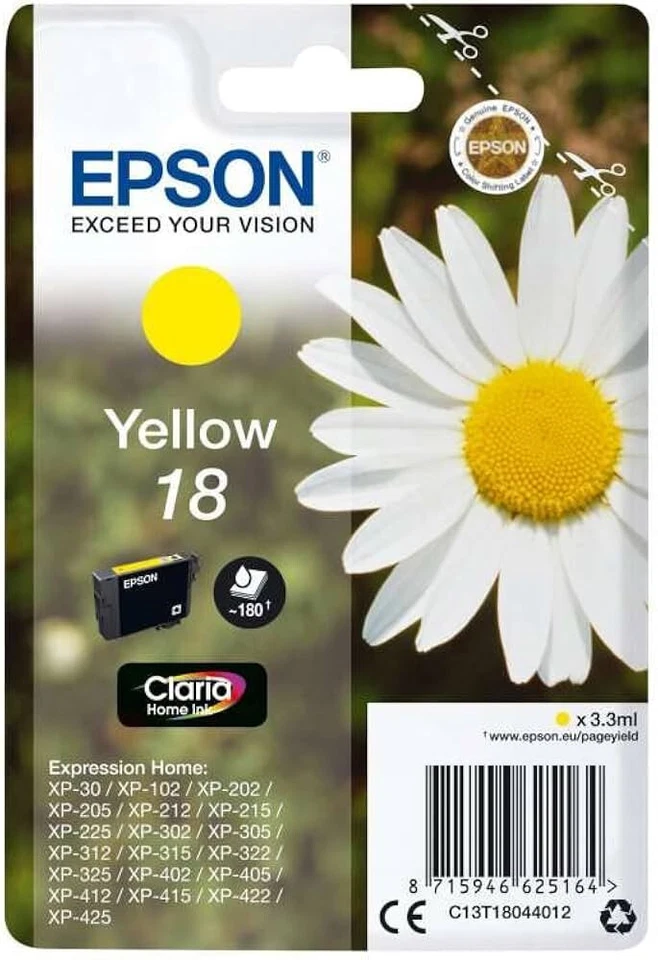 GENUINE AUTHENTIC EPSON 18 YELLOW INK CARTRIDGE C13T18044010 - Image 1 of 1