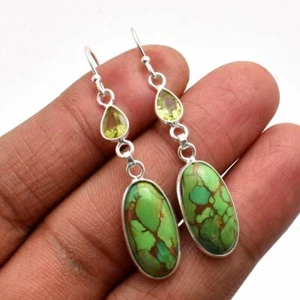 Copper Turquoise Peridot Solid 925 Sterling Silver Earring Jewelry 1.84" SE-4741 - Picture 1 of 1
