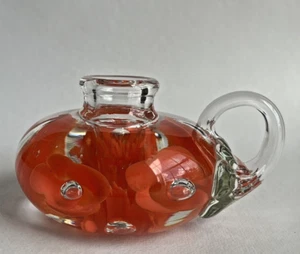 St. Clair Clear & Orange Flowers Art Glass Candle Holder Paperweight w/Handle - Picture 1 of 7
