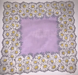 Vintage Lavendar Hankie Hanky Handkerchief w/White Daisies All Along the Border - Picture 1 of 2
