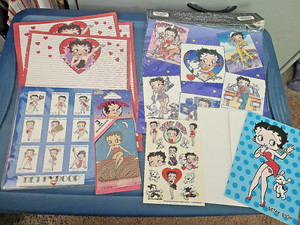 BETTY BOOB LOT OF WRAPPING PAPER, STICKERS, STAMPS, GIFT CARD & CAR AIR FRESHNER