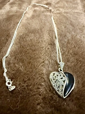 "Collar medallón corazón ónix marcasita 925 vintage de plata de ley cadena de caja de 24""" Foto 1 de 4