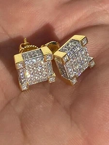 2Ct Round Lab Created Diamond Cluster Men's Stud Earrings 14K Yellow Gold Plated - Picture 1 of 8