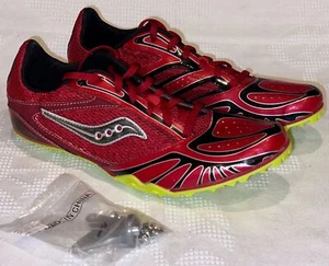 SAUCONY Crescent Red Black Silver Yellow Sprint Track Spikes Shoes Mens Sz 10.5 - Picture 1 of 9