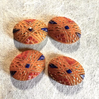 AL1031 Vintage glass cabochons 18x13mm hand painted goldenrod/gold/red/blue (4) - Image 1 of 2