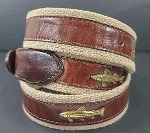 Brighton Leather & Cotton Belt Brass Fish Embellished Brown Mens Size 38 - Picture 1 of 9