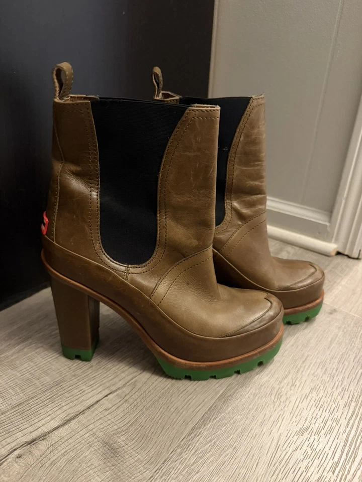 Hunter Botas Mujer 8 Original Tacón Alto Chelsea Marrón Cuero Verde Neón Zapatos Foto 1 de 4