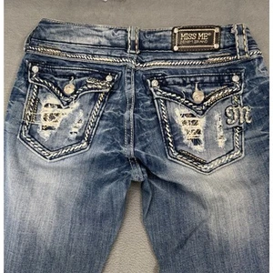 Pantalones de mezclilla Miss Me para mujer 28 azul corte bota bolsillo solapas estrás damas 29X31 - Imagen 1 de 9