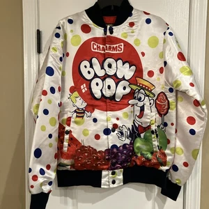 NEU Blow Pop Varsity Satin weiße Jacke Größe Large bunt Druckknopf Mantel "RAR" - Bild 1 von 9