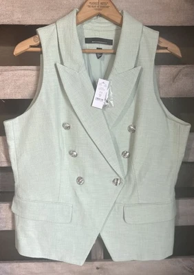 NUEVO CON ETIQUETAS WHBM Talla 14 Salvia Verde Menta Tweed Chaleco de Estudio Cierre de Botón Plateado Foto 1 de 4