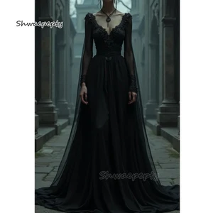 Black Gothic Wedding Dress Lace Appliques V-Neck A_line Vintage Bridal Gown - Picture 1 of 5