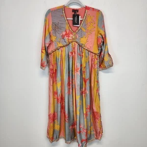 Bairaas Beaded Floral Pattern Kurta Pink Blue Silky Chikankari V-neck 42 XXL - Picture 1 of 15