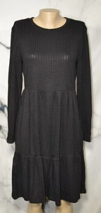 ZEAGOO Black Ribbed Dress Large Long Sleeves Ruffle Hem Unlined Stretch Poly - Picture 1 of 8