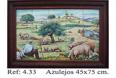 CERDO IBERICO EN CAMPO Spain  Handmade Majolica Tile Panel IBERIAN PORK IN FIELD • 270€
