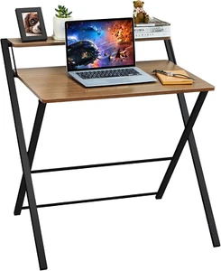 Folding Desk No Assembly Required Small Size, 2-Tier Foldable Computer Desk with - Picture 1 of 9