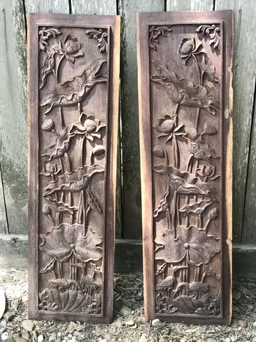Pair of Two Sided Oriental Asian Ornate Carved Birds, Lotus Flowers, Panels Cover