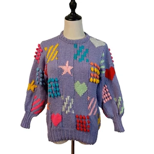 Vintage 1980's Size 10 Handknitted Handmade Mauve Colour Hearts Bobbles Jumper - Picture 1 of 6