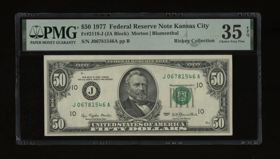 DBR 1977 $50 FRN Kansas City Fr. 2119-J PMG 35 EPQ Serial J06781546A - Image 1 of 2