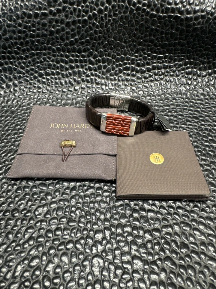 Pulsera John Hardy Hombre Batu Clásica Cadena Plateada/Marrón Cuero Con Coral Foto 1 de 1