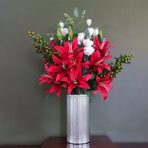 Artificial Red Lily Flowers Arrangement Silver Glass Vase Large 80cm Artificial - Picture 1 of 6