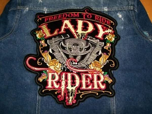 Lady Rider 12" Large Iron-On Embroidered Patch Back Big Pink Motor Woman Rose - Picture 1 of 4