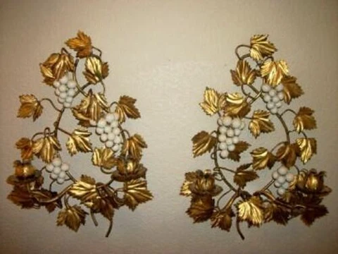ITALIAN TOLE GILT CANDLE SCONCES GRAPES LUSH LEAVES MID CENTURY CAN BE WIRED Cover
