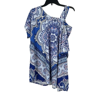 One World Boho Top Blue Mixed Pattern One Cold Shoulder Stretch Whimsy Size XL - Picture 1 of 9