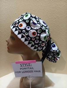 Eyeballs Ophthalmic Halloween Women's Ponytail Surgical Scrub Hat/Cap Handmade - Picture 1 of 8