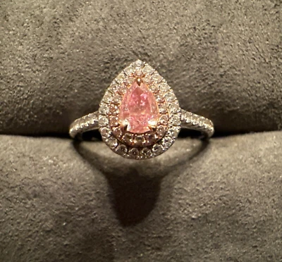 Anillo de compromiso de oro blanco de 18 quilates genuino diamante rosa forma de pera doble halo Foto 1 de 4