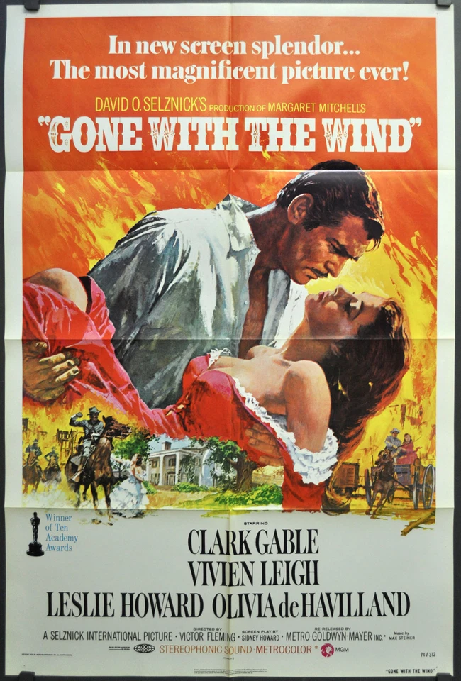 Vom Winde Verweht R1974 ORIGINAL 27X41 NM FILMPLAKAT CLARK GABLE VIVIEN LEIGH - Bild 1 von 1