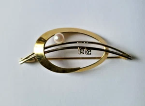 Brosche 3,1 Gramm 585 Gold 1 Perle 2 Steine, 1,9x4,6cm - Bild 1 von 5
