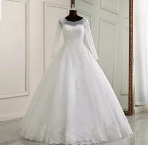 UK White Ivory Long Sleeve A Line Sequins Floor Length Wedding Dress Size 6-20 - Picture 1 of 6