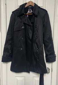 Express Damen Jacke Größe 8 Schwarz Mittellang Mantel Zweireiher Gürtel Trenchcoat - Bild 1 von 18