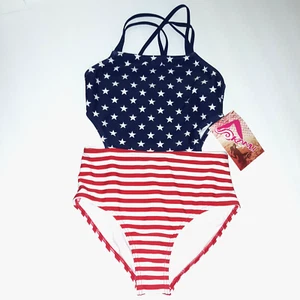 Kanu Surf NEW 1 Pc Swimsuit Girls Size 10 American Flag USA Open Sides Full Back - Picture 1 of 10
