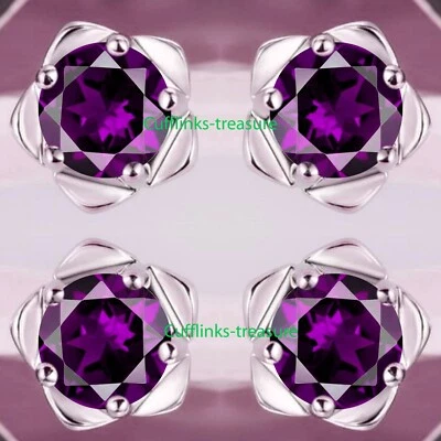 Conjunto de botões smoking masculinos de prata esterlina 925 pedras preciosas de ametista natural #823 - Imagem 1 de 4