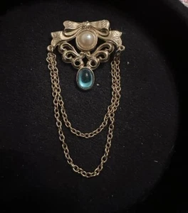 Vintage signierte Bergere Schleife Chatelaine Perle Aquamarin blau Cabochon Brosche Anstecknadel - Bild 1 von 5