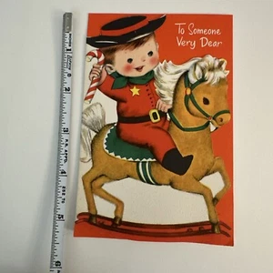Vintage Mid Century Christmas Child Card Cute Boy Sheriff On Rocking Horse - Picture 1 of 3