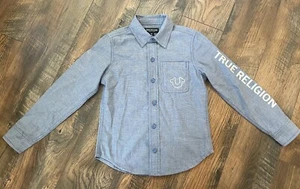 Boys True Religion Blue Chambray Button Up Spell Out Long Sleeve Shirt Size 6 - Picture 1 of 6
