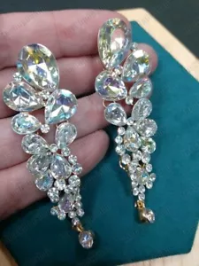CLIP ON Aurora Borealis Rhinestone AB Multi Crystal Gem Drop EARRINGS Gold Tone - Picture 1 of 16