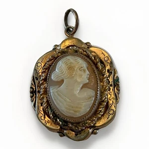 "Antiguo concha camafeo pelo prensado dama 1,5"" colgante cuerda borde chapado en oro" - Imagen 1 de 5