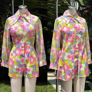 Vintage 1960s Psychedelic Two Piece Set Romper Vest Cotton Set Xs - Picture 1 of 13